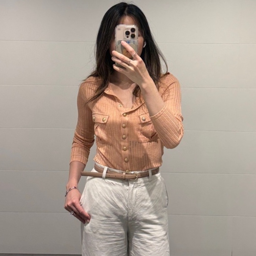 Balmain gold button snap front striped ribbed linen blend top